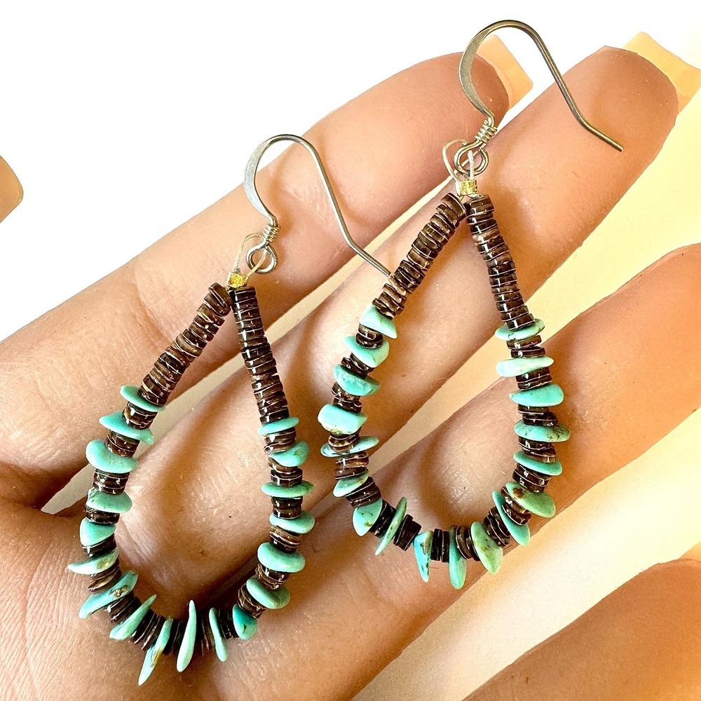 Jacla‎ Navajo Earrings Turquoise Heishi 1.75in Dangle Hook Bead Hoop 925 Native